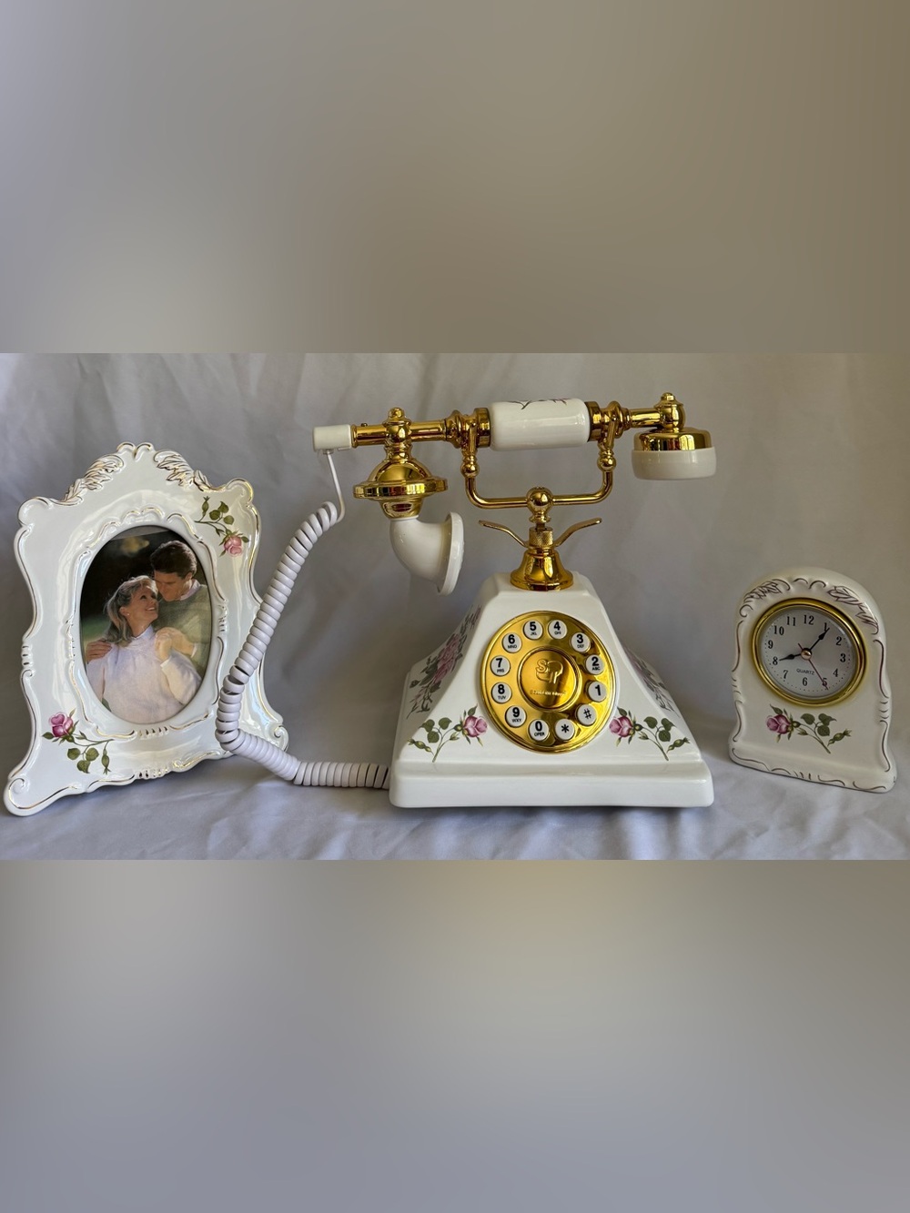 French Boudoir Style Landline Porcelain Telephone with Photo Frame and Clock NIB